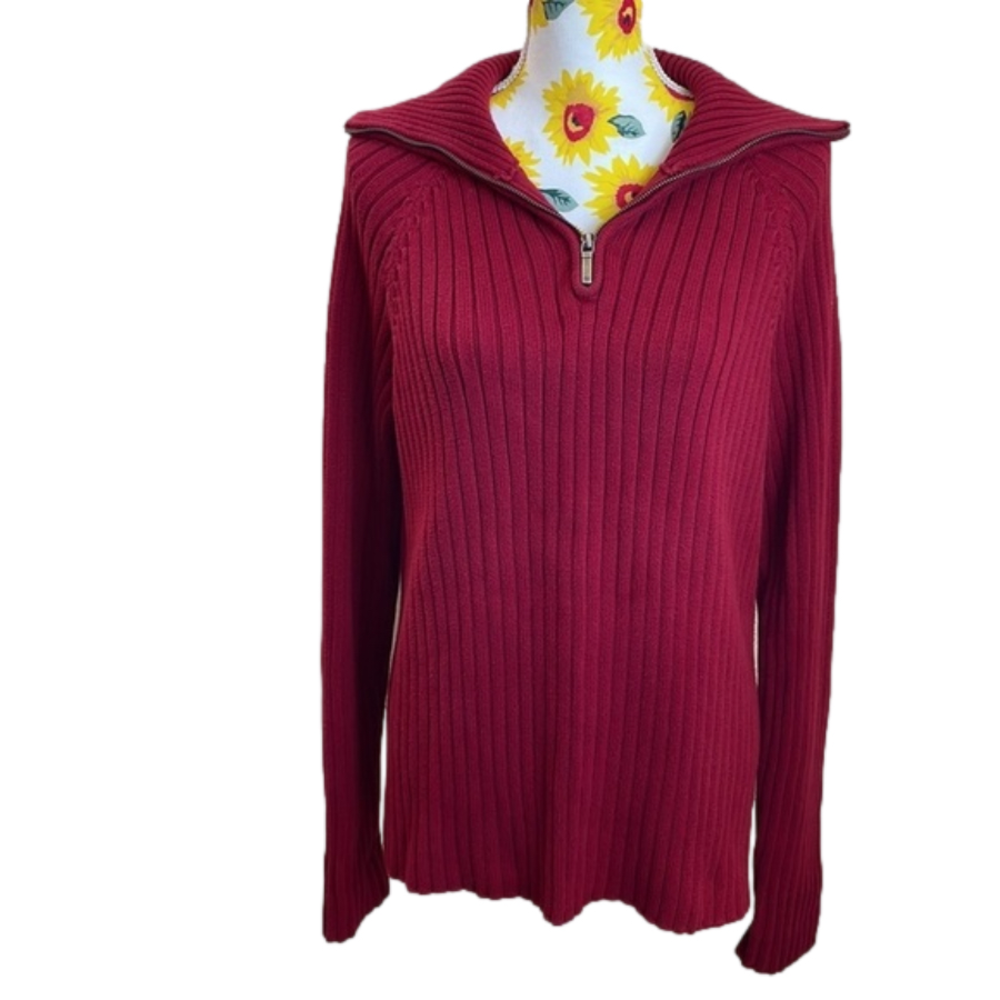 Jones New York Sport ~ Medium ~ 100% Cotton Red Zip Front Sweater